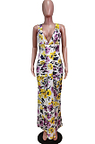 White Purple Flower Deep V Neck Sleeveless Print Chest Spliced Long Dress WY6822-5