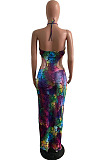 Print Tie Dye Sexy Silm Fitting Hollow Out Long Dress AFY740