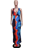 Red Blue Deep V Neck Sleeveless Print Chest Spliced Long Dress WY6822-3