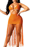 Orange Knitting Halter Neck Strapless Tassel Beach Dress TRS1166-3