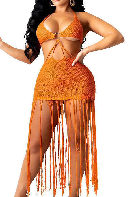 Orange Knitting Halter Neck Strapless Tassel Beach Dress TRS1166-3