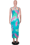 Neon Green Digital Print Zipper Deep V Fashion Sexy Long Dress SZS8135-1