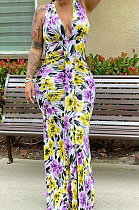 White Purple Flower Deep V Neck Sleeveless Print Chest Spliced Long Dress WY6822-5