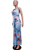 Red Blue Deep V Neck Sleeveless Print Chest Spliced Long Dress WY6822-3