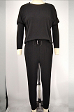 Black Pure Color Long Sleeve T Shirt Long Pants Casual Sports Sets X9320-5