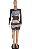 Black Net Yarn Spliced Long Sleeve Sexy Dress YYZ756