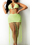 Neon Green Knitting Halter Neck Strapless Tassel Beach Dress TRS1166-5
