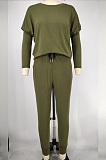 Army Green Pure Color Long Sleeve T Shirt Long Pants Casual Sports Sets X9320-1