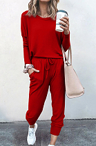 Red Pure Color Long Sleeve T Shirt Long Pants Casual Sports Sets X9320-3