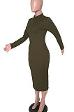 Dark Green Women Pure Color With Pocket High Elastic Ribber Casual Midi Dress ARM8142