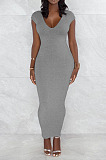 Black Pure Color Fashion V Neck Backless Slit Zipper Bodycon Dress WY6825-3