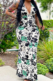 Blue Green Leaf  Deep V Neck Sleeveless Print Chest Spliced Long Dress WY6822-2