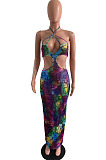 Print Tie Dye Sexy Silm Fitting Hollow Out Long Dress AFY740