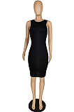 Black Pure Color High Elastic Casual Fashion Sleeveless Dress YYZ754-3
