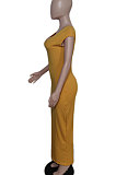 Yellow Women Sexy Pure Color V Neck Back Zipper Split Long Dress XT8897-2