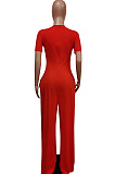 Pink Red Deep V Neck Loose Short Sleeve Pure Color Wide Leg Jumpsuits F88372-3