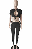 Black Night Club Round Neck Hollow Out Short Sleeve Dew Waist Long Pants Two Piece L0354-1