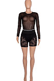 Blue Women Sexy Lace Casual Shorts Mesh Top Two-Pieces Q908-4