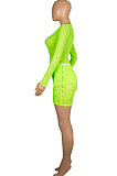 Neon Green Women Sexy Lace Casual Shorts Mesh Top Two-Pieces Q908-3