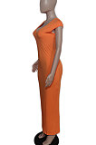 Orange Women Sexy Pure Color V Neck Back Zipper Split Long Dress XT8897-1