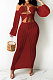 Wine Red Sexy Mesh Pure Color Mid Waist Long Sleeve Halter Neck Long Dress YF9107-3