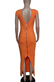Black Women Sexy Pure Color V Neck Back Zipper Split Long Dress XT8897-3