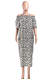 Apricot Leopard Print A Word Shoulder Loose Condole Belt Dress YMT6221-3