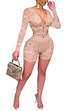 Rose Red Club Sexy Hollow Out Lace Long Sleeve Deep V Neck Mid Waist Romper Shorts Q915-3