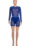 Blue Women Sexy Lace Casual Shorts Mesh Top Two-Pieces Q908-4