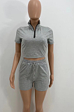 Dark Green Pure Color Turn-Down Collar Zipper Short Sleeve Crop Top Shorts Two Piece YX9285-7