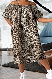 Light Blue Leopard Print A Word Shoulder Loose Condole Belt Dress YMT6221-1