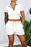 Red Pure Color Turn-Down Collar Zipper Short Sleeve Crop Top Shorts Two Piece YX9285-4