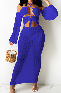Blue Sexy Mesh Pure Color Mid Waist Long Sleeve Halter Neck Long Dress YF9107-4