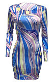 Black Euramerican Women Autumn Wave Printing Tight Sexy Long Sleeve Mini Dress Q927-2