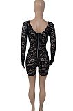Black Club Sexy Hollow Out Lace Long Sleeve Deep V Neck Mid Waist Romper Shorts Q915-1