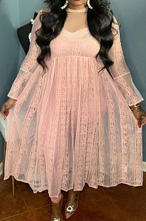 Pink Pure Color Lace Mesh Spaghetti High Waist Long Sleeve Midi Dress YF9127-2