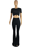 Black Round Neck Short Sleeve Micro Flared Pants Pure Color Casual Sets E8608-1