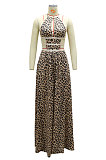 Leopard High Waist Halter Neck Hollow Out Backless Long Dress YF9135