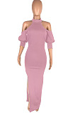Pink Night Club High Collar Off Shoulder Puff Sleeve Side Slit Dress LMM6203-1 