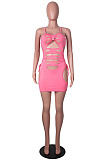 Pink Pure Color Strapless Condole Belt Hollow Out Hole Hip Mini Dress SZS8141-1