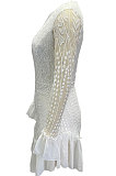 White Autumn Winter Lace Sexy Ruffle Sleeve Trendy Mini Dress Q5030