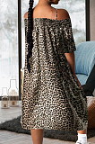 Apricot Leopard Print A Word Shoulder Loose Condole Belt Dress YMT6221-3