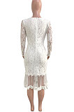White Euramerican Women Sexy Small V Neck Long Sleeve Lace Fishtail Skirt's Hemline Perspective Mini Dress Q920-1