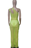 Light Green Hollow Out Sexy Mesh One Shoulder Long Dress Sets With Underwear XT8898-1