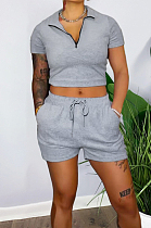 Grey Pure Color Turn-Down Collar Zipper Short Sleeve Crop Top Shorts Two Piece YX9285-1