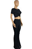 Black Round Neck Short Sleeve Micro Flared Pants Pure Color Casual Sets E8608-1