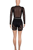Black Women Sexy Lace Casual Shorts Mesh Top Two-Pieces Q908-2