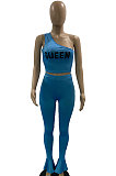 Sky Blue Fashion Women Pure Color Oblique Shoulder Pants Sets DLY8010-3