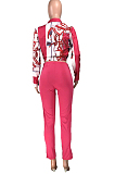 Rose Red Summer Print Lapel Neck Short Sleeve Shirt Slit Long Pants Two Piece YMT6217-1