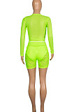 Neon Green Women Sexy Lace Casual Shorts Mesh Top Two-Pieces Q908-3